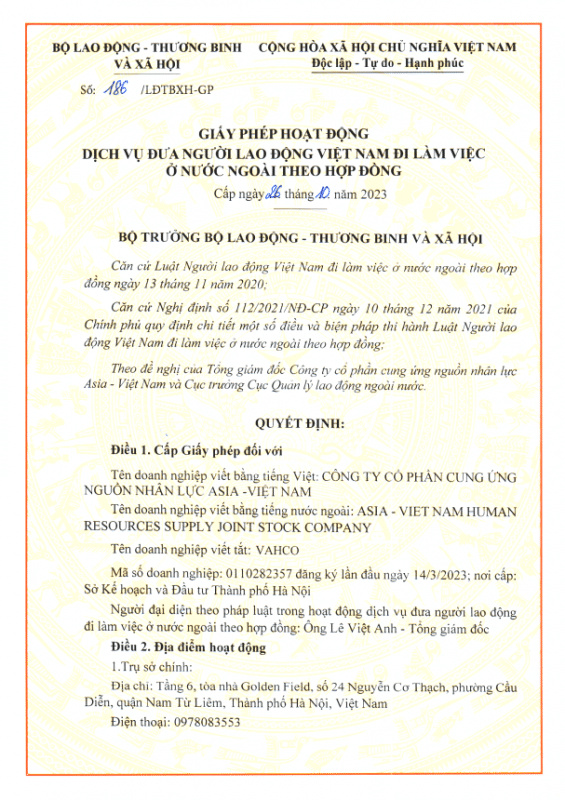 VAHCO được Bộ LĐTB&XH cấp phép đưa người lao động đi nước ngoài làm việc